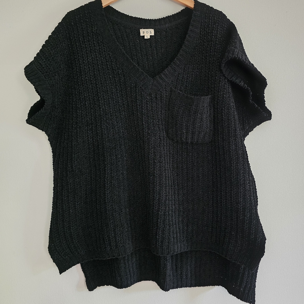POL Chenille Knit V-neck Sweater Vest, Black, Large